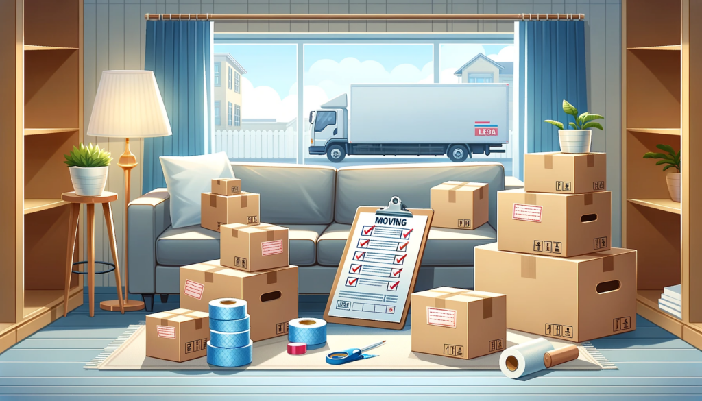 depiction of a house packed and ready to go with a moving truck parked out front.