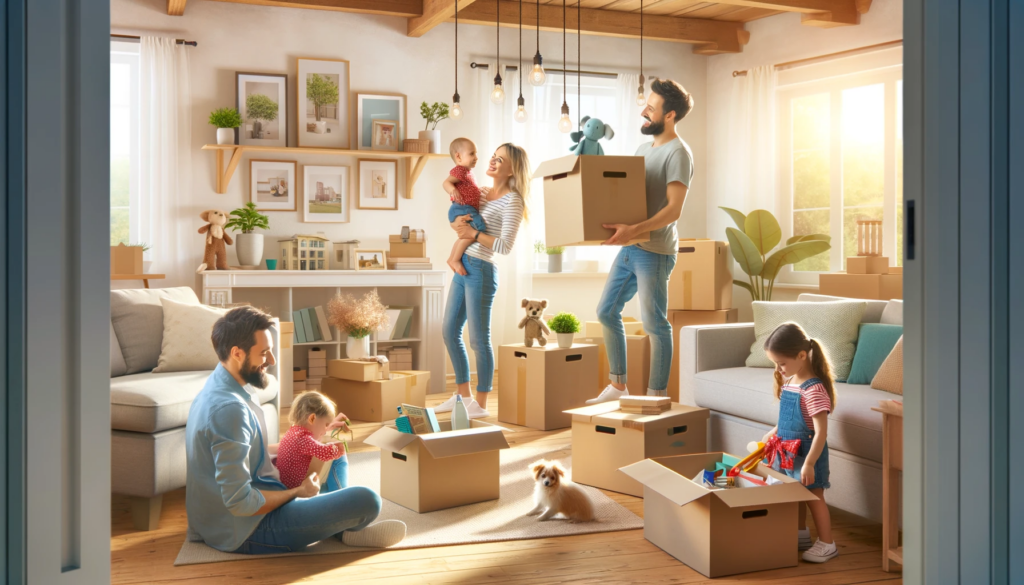 a family and their pet packing and preparing their house for a move.